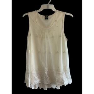 CALSTYLE Women's Ivory Mesh Lined Sleeveless Top with Pearls and Embroidery - L